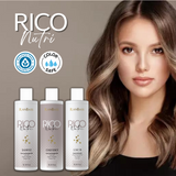 Rico Nutri 3 Steps - Daily maintenance kit for chemically treated, dry, and dull hair (Shampoo 10.14 fl. oz + Conditioner 10.14 oz + Leave-in 10.14 fl. oz). All steps are sulfate-free and feature color safe technology to prevent fading of colored hair.